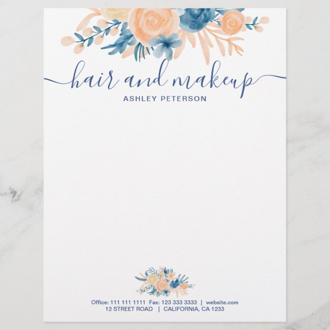 Haar make-up blauw perzik bloemen waterverf detail briefhoofd (Voorkant)