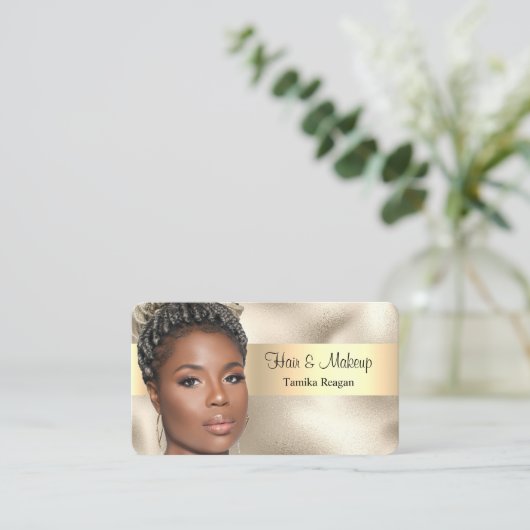 Haar & Makeup, zwarte tekst, Uw foto, Gold Busine Visitekaartje (Staand voorkant)
