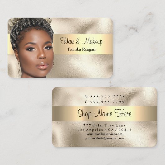 Haar & Makeup, zwarte tekst, Uw foto, Gold Busine Visitekaartje (Voorkant / Achterkant)