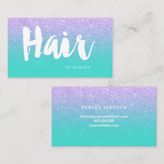Haar modern typografie lavender glitter turquoise visitekaartje (Voorkant / Achterkant)