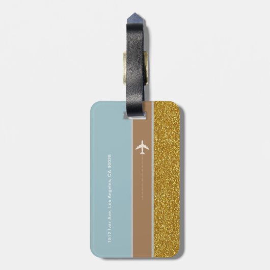 Haar moderne chique reizen goud / blauw bagagelabel (Achterkant verticaal)