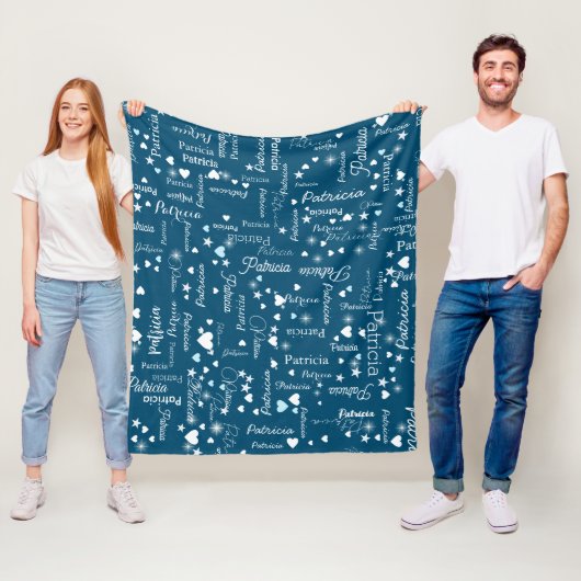 Haar naam & harten Ocean-Blue romantisch Fleece Deken (In situ)