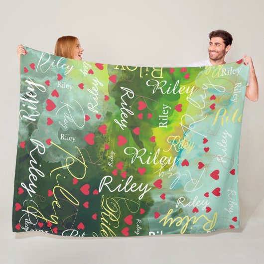 Haar Naam Initiaal en Rode Harten Waterverf Fleece Deken (In situ)