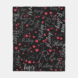 Haar naam Initiaal & Red Hearts all over Black Fleece Deken