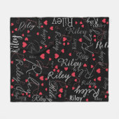Haar naam Initiaal & Red Hearts all over Black Fleece Deken (Voorkant (Horizontaal))
