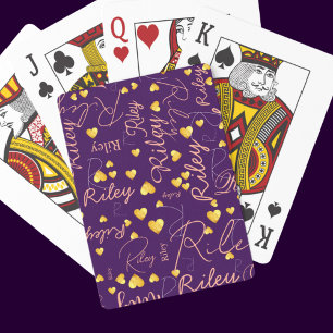 Haar naam met Gold Hearts Paarse Pokerkaarten