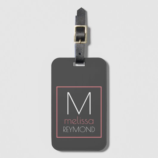 Haar naam monogram modern grijs & roze bagagelabel (Voorkant (verticaal))