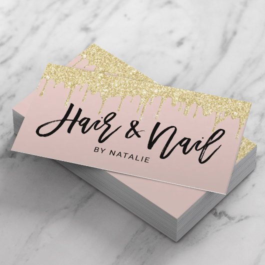 Haar & Nail Salon Goud Drips Blush Roze Typografie Visitekaartje