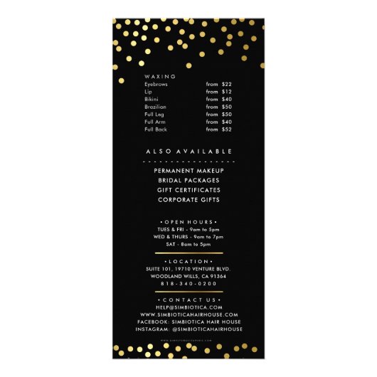 HAAR PRIJS LIJST modern glam polka dot goud zwart Reclamekaart (Achterkant)