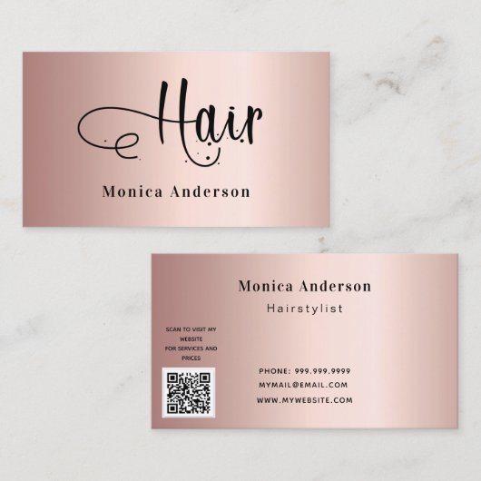 Haar roos Gold blush elegant QR code script Visitekaartje (Voorkant / Achterkant)