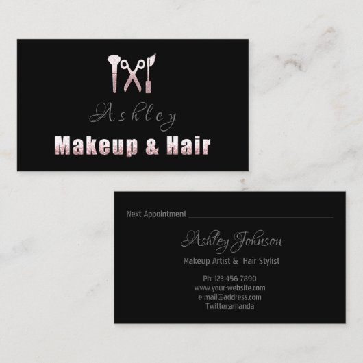 Haar Salon Make-up Artiest Afspraak Roze Zwart Visitekaartje (Voorkant / Achterkant)