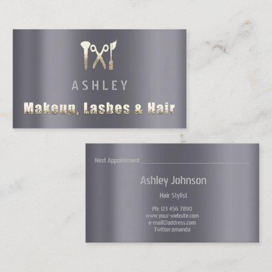 Haar Salon Make-up Lash Afspraakkaart Grijs Goud Visitekaartje (Voorkant / Achterkant)