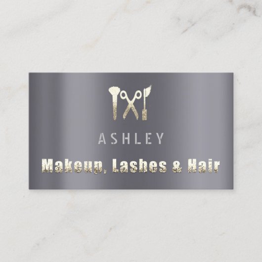 Haar Salon Make-up Lash Afspraakkaart Grijs Goud Visitekaartje (Voorkant)