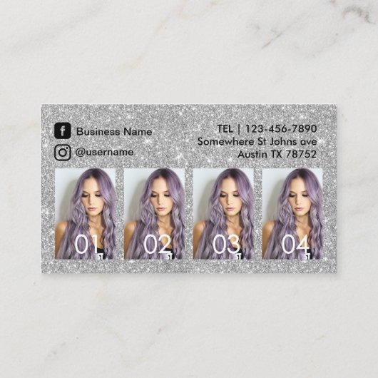 Haar Stylist Aangepaste foto Modern Silver Glitter Visitekaartje (Achterkant)