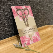 Haar Stylist Antiek Scissor Cream & Roze Floral Visitekaartje