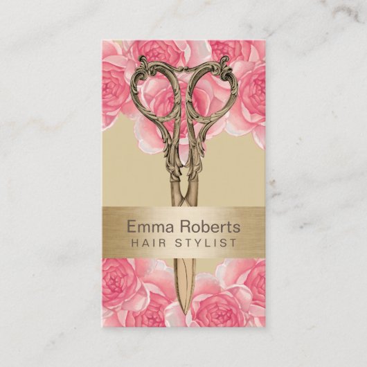 Haar Stylist Antiek Scissor Cream & Roze Floral Visitekaartje (Voorkant)