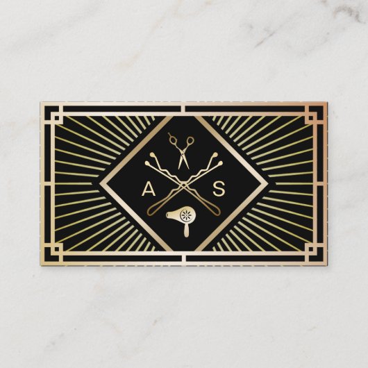 Haar Stylist  Art Deco Black & Gold Salon Visitekaartje (Voorkant)