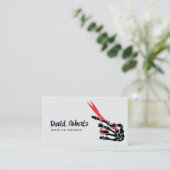 Haar Stylist Barber Skeleton Hand & Rode Schaar Visitekaartje (Staand voorkant)