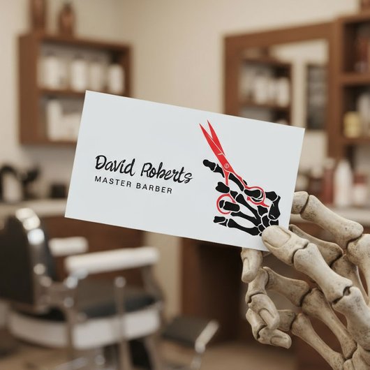 Haar Stylist Barber Skeleton Hand & Rode Schaar Visitekaartje