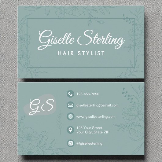 Haar Stylist Blauwgroen Bloemlijn Art Modern Scrip Visitekaartje