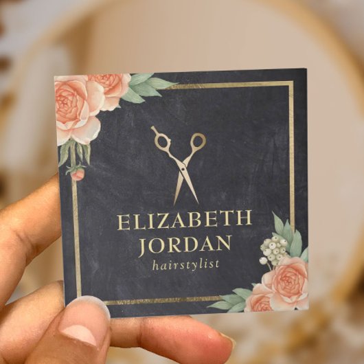 Haar Stylist  Bloemen Elegant Chalkboard Vierkante Visitekaartje