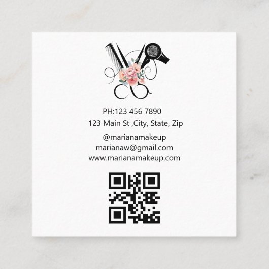 Haar stylist bloemenschaar qr code stijlvol vierkante visitekaartje (Achterkant)