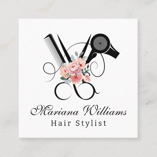 Haar stylist bloemenschaar qr code stijlvol vierkante visitekaartje (Voorkant)