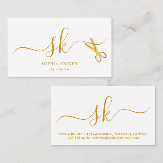 Haar Stylist Custom Goud Script Schaar Monogram Visitekaartje (Voorkant / Achterkant)