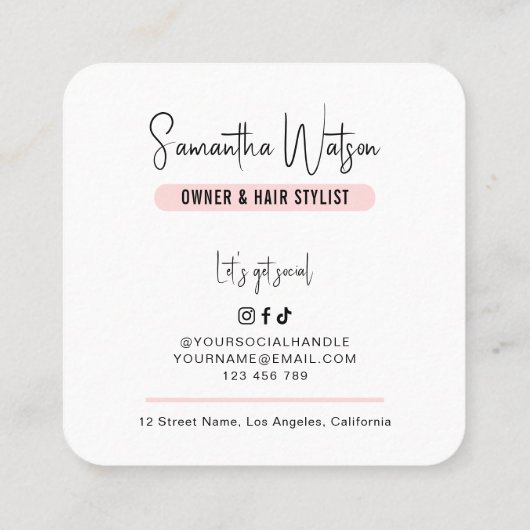 Haar Stylist Elegant Chique Vrouwelijke Blush Roze Vierkante Visitekaartje (Achterkant)