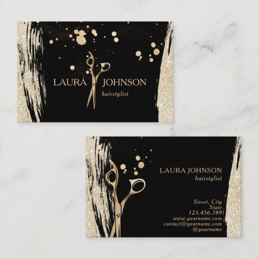Haar Stylist Gold Glitter Splatter Scissors Visitekaartje (Voorkant / Achterkant)