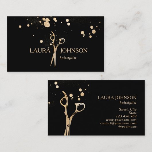 Haar Stylist Gold Glitter Splatter Scissors Visitekaartje (Voorkant / Achterkant)