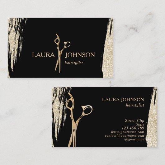 Haar Stylist Gold Glitter Splatter Scissors Visitekaartje (Voorkant / Achterkant)