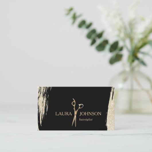 Haar Stylist Gold Glitter Splatter Scissors Visitekaartje (Staand voorkant)