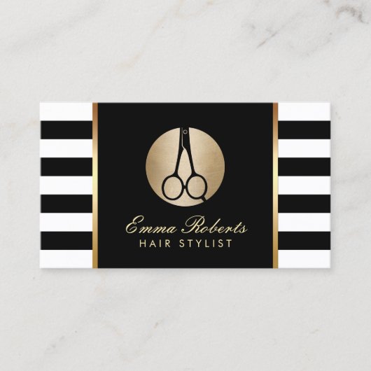 Haar Stylist Gold Scissor Logo Modern Stripes Visitekaartje (Voorkant)