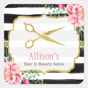 Haar Stylist Gold Scissors Roze Floral Striped Vierkante Sticker