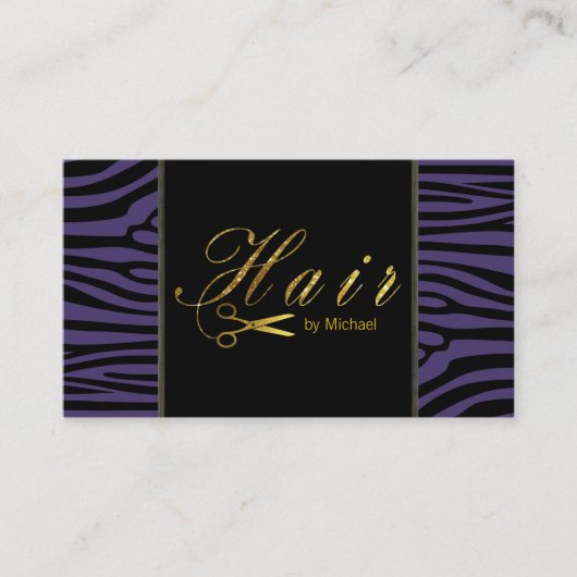 Haar Stylist Gold Scissors Script Moderne Zebra #6 Visitekaartje (Voorkant)