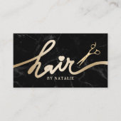 Haar Stylist Gold Script Salon Zwart Marmer Visitekaartje (Voorkant)