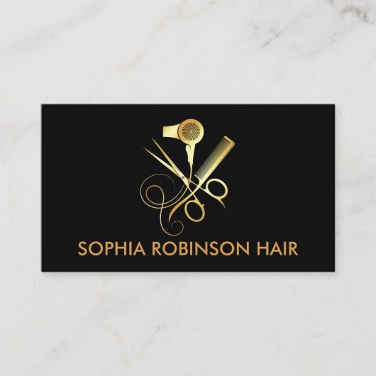 Haar Stylist Gold Script Scissors Comb Dryer Visitekaartje (Voorkant)