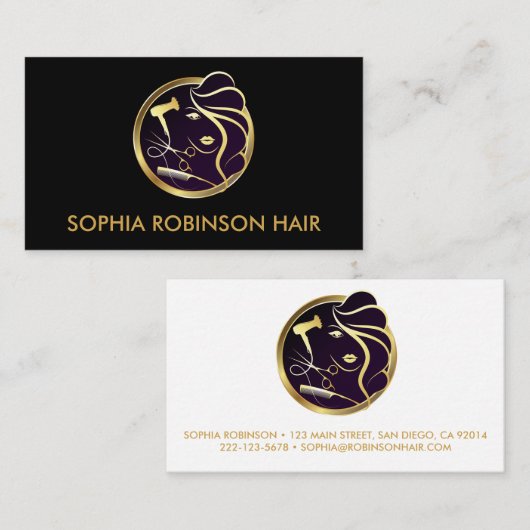 Haar Stylist Gold Script Scissors Comb Dryer Visitekaartje (Voorkant / Achterkant)