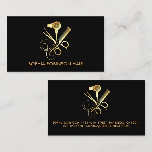 Haar Stylist Goud Script Schaar Droger Kam Visitekaartje (Voorkant / Achterkant)