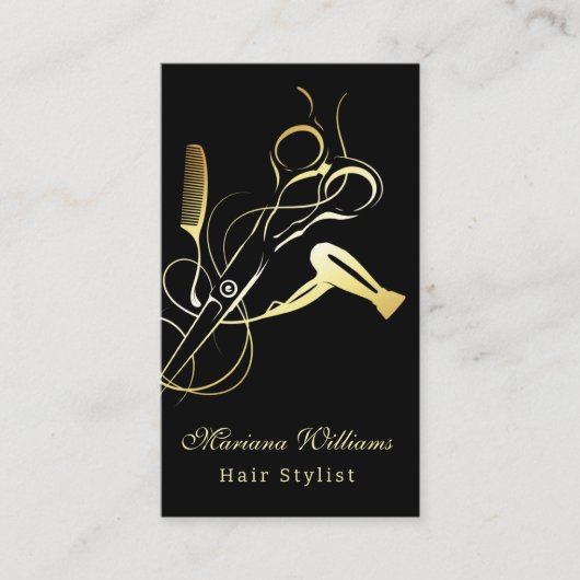 haar stylist goud stijlvolle Schaar qr code zwart Visitekaartje (Voorkant)