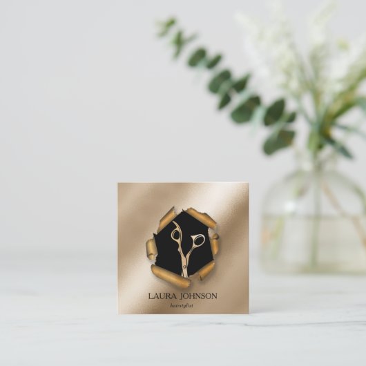 Haar Stylist Gouden Glitter Schaar Vierkante Visitekaartje (Staand voorkant)