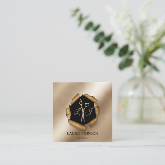 Haar Stylist Gouden Glitter Schaar Vierkante Visitekaartje (Staand voorkant)