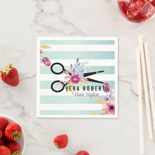 Haar Stylist Gouden Schaar Bloemen Gestreept Servet (Insitu)