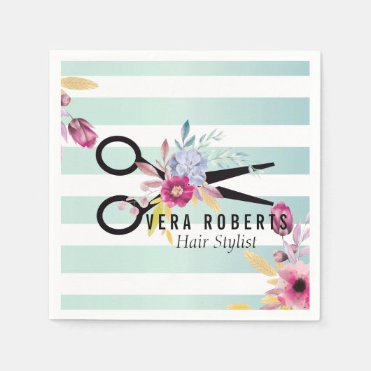 Haar Stylist Gouden Schaar Bloemen Gestreept Servet (Voorkant)