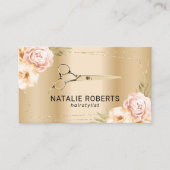 Haar Stylist Gouden Schaar Moderne Bloemen Visitekaartje (Voorkant)