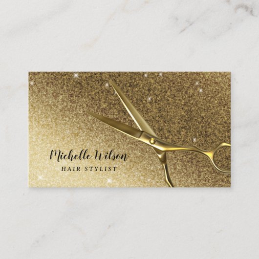 Haar Stylist Gouden Schaar Moderne Gouden Glitter Visitekaartje (Voorkant)