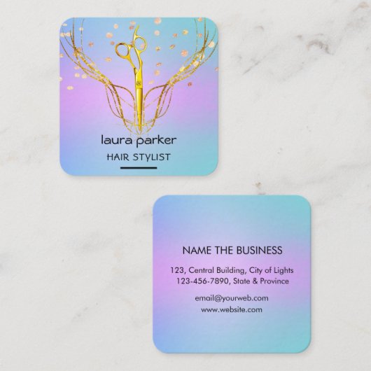 Haar Stylist Gouden Schaar Paarse Elegante Salon Vierkante Visitekaartje (Voorkant / Achterkant)