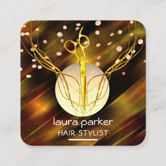 Haar Stylist Gouden Schaar Paarse Maan Salon Vierkante Visitekaartje (Voorkant)