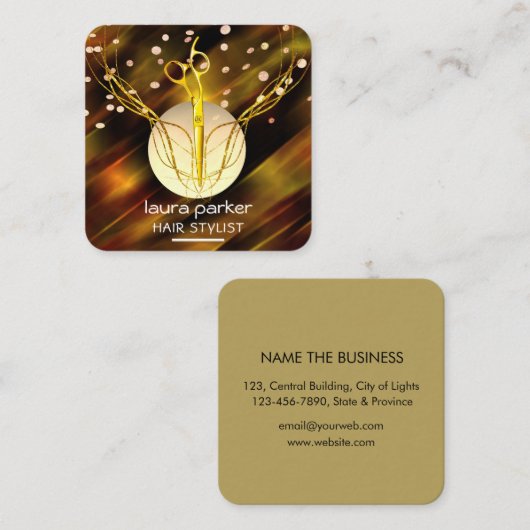Haar Stylist Gouden Schaar Paarse Maan Salon Vierkante Visitekaartje (Voorkant / Achterkant)